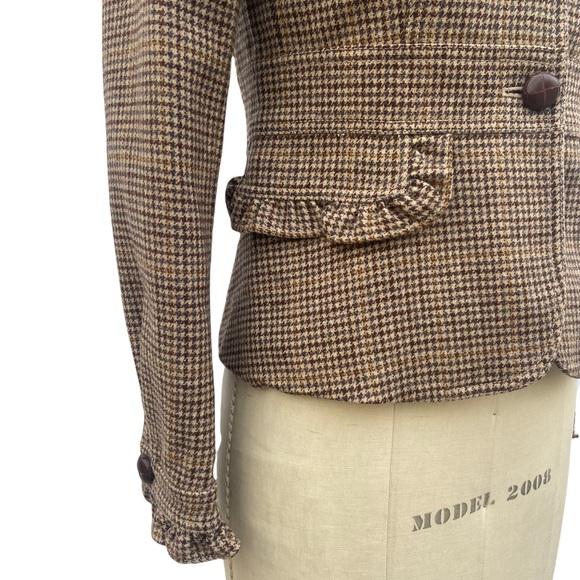 J. Crew Brown Tweed Houndstooth Wool Ruffle Trim Jacket Blazer - Picture 4 of 8